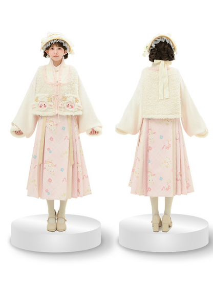 Rock Schaf Weste Plissee Retro China + Pelz