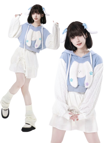 Sleeve Knit Hoodie Short White Little Dog 3D