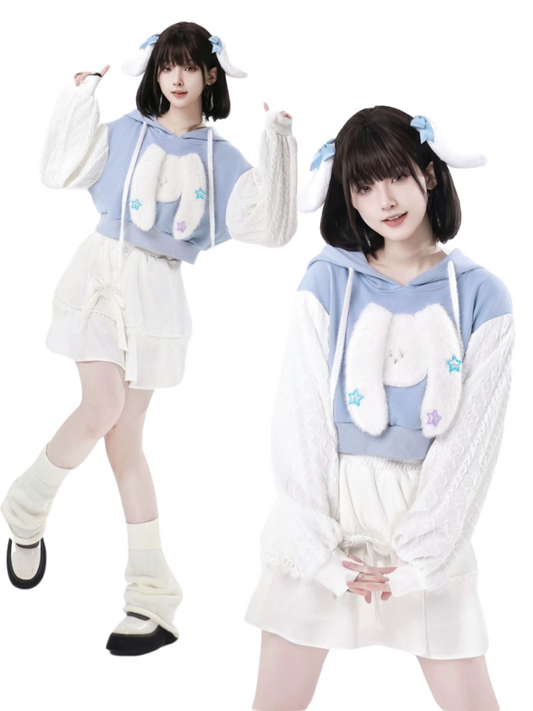 Sleeve Knit Hoodie Short White Little Dog 3D