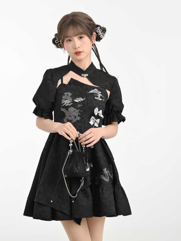 カーディガンドラゴンシックチャイナドレス+ショートモードスリーブパフ