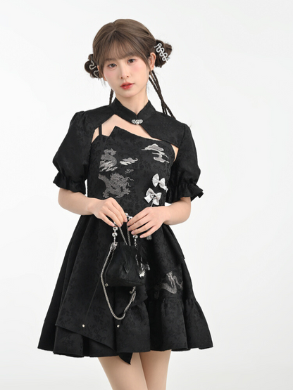 カーディガンドラゴンシックチャイナドレス+ショートモードスリーブパフ