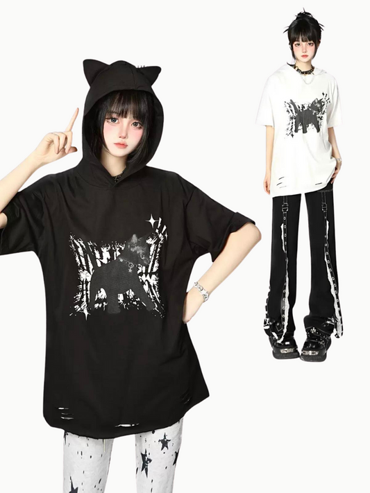 ゆったりTシャツ 猫のグルメ耳