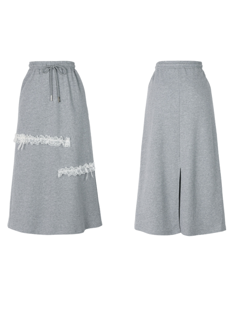 Long Gray Top Lace Hoodie Gray Embroidery Skirt