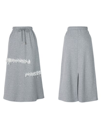 Long Gray Top Lace Hoodie Gray Embroidery Skirt