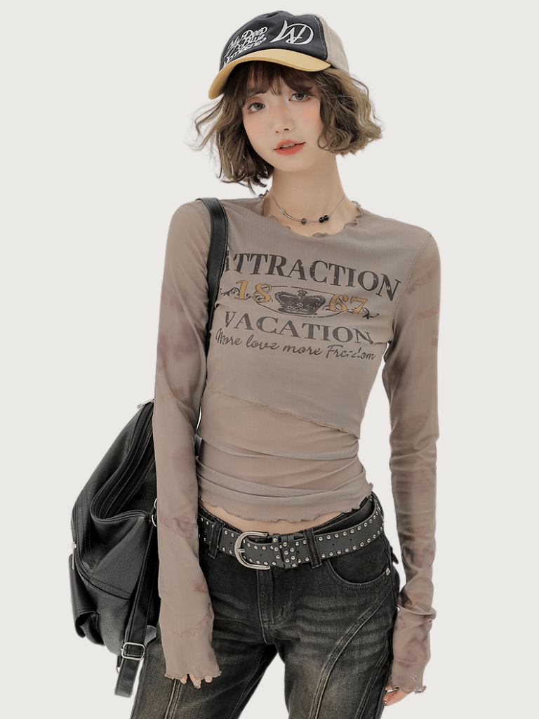 T Lang Retro Print Sheer Rüschen American