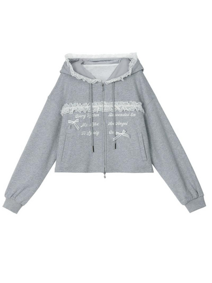 Long Gray Top Lace Hoodie Gray Embroidery Skirt