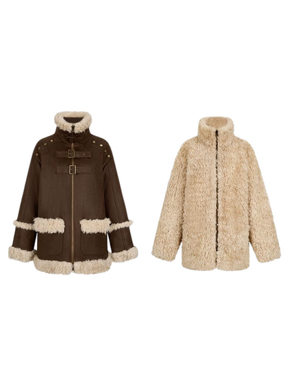 Reversible Fur Leather Coat + Ruffle Off-Shoulder Dress