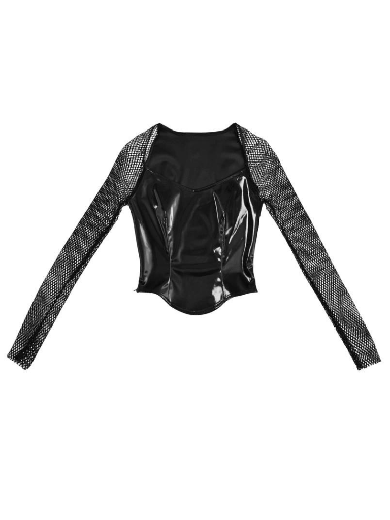 Mesh Top Punk Slim Gothic Wing PU Sheer Liquid