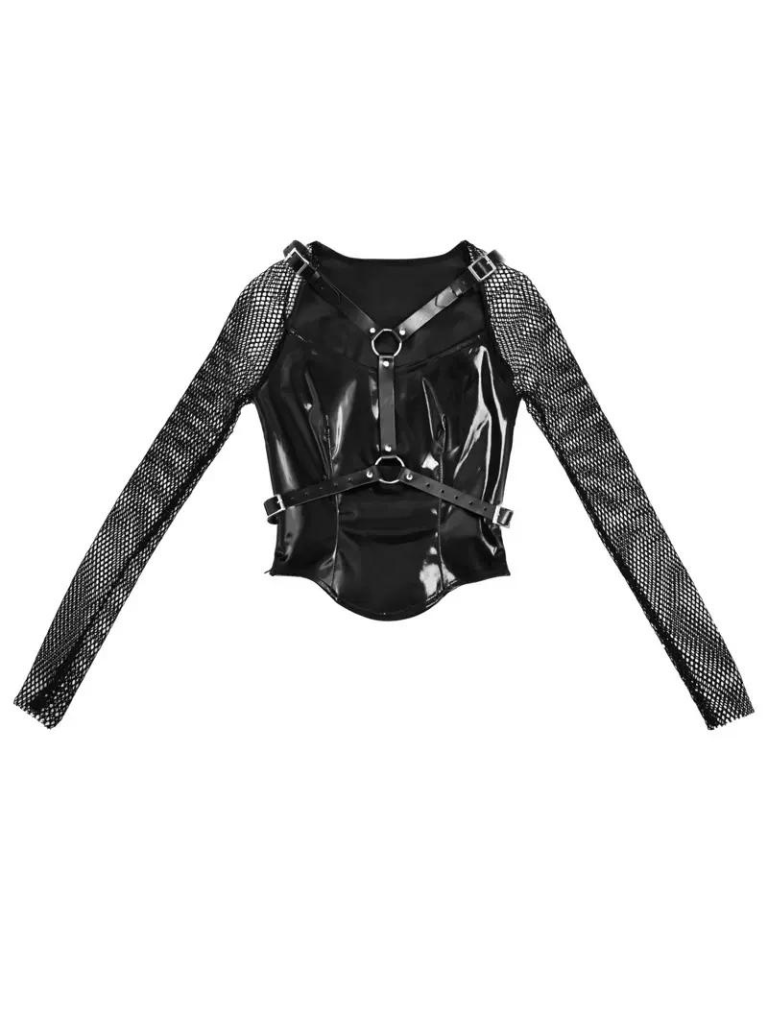 Mesh Top Punk Slim Gothic Wing PU Sheer Liquid