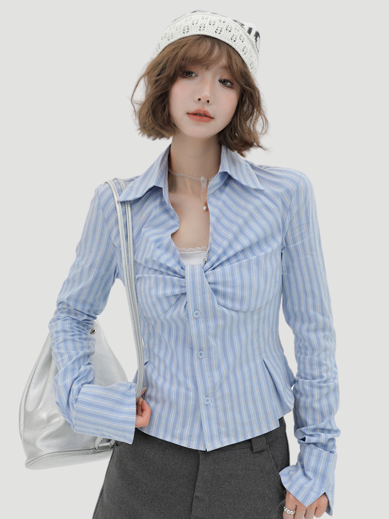 V Neck Shirt Slim Stripe Design Blue