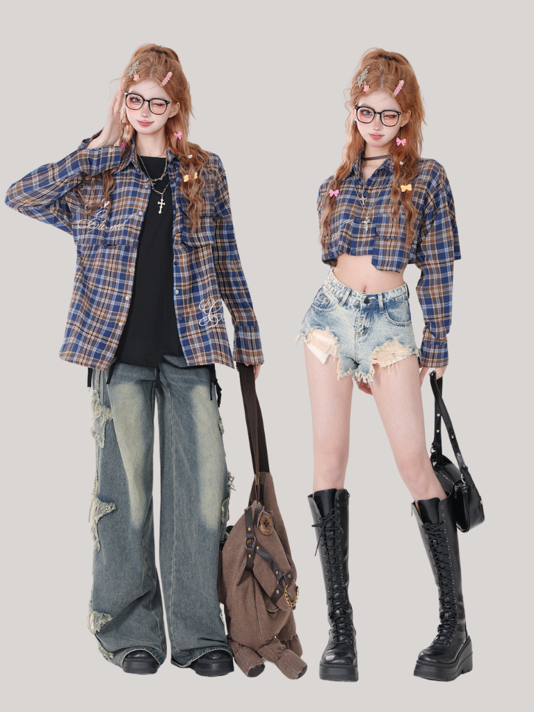 Poloshirt mit Karo-Kragen und langem, abnehmbarem, lockerem