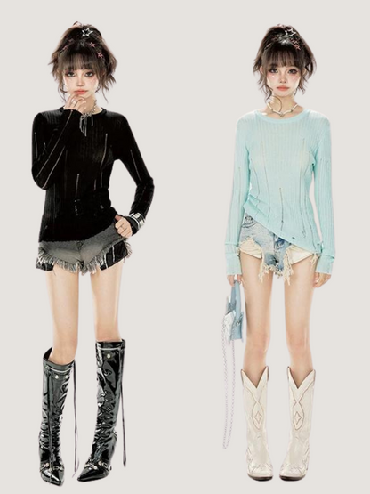 Schmaler Halsausschnitt, Bodenrippin-Strick, unregelmäßiges Sommeroberteil