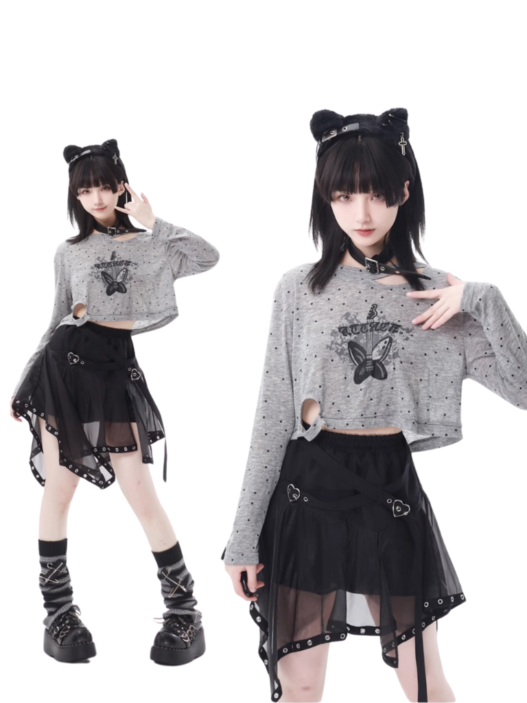 プリントサマーショートスカート イレギュラープルオーバー パンクハイドチュールバタフライ+ニット