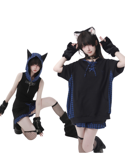 キャットブルーフィーディチェック耳デザインスーツサマーステッチストラップ