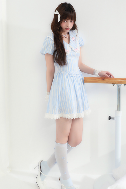 Kleid Schleife Spitze Blau Streifen