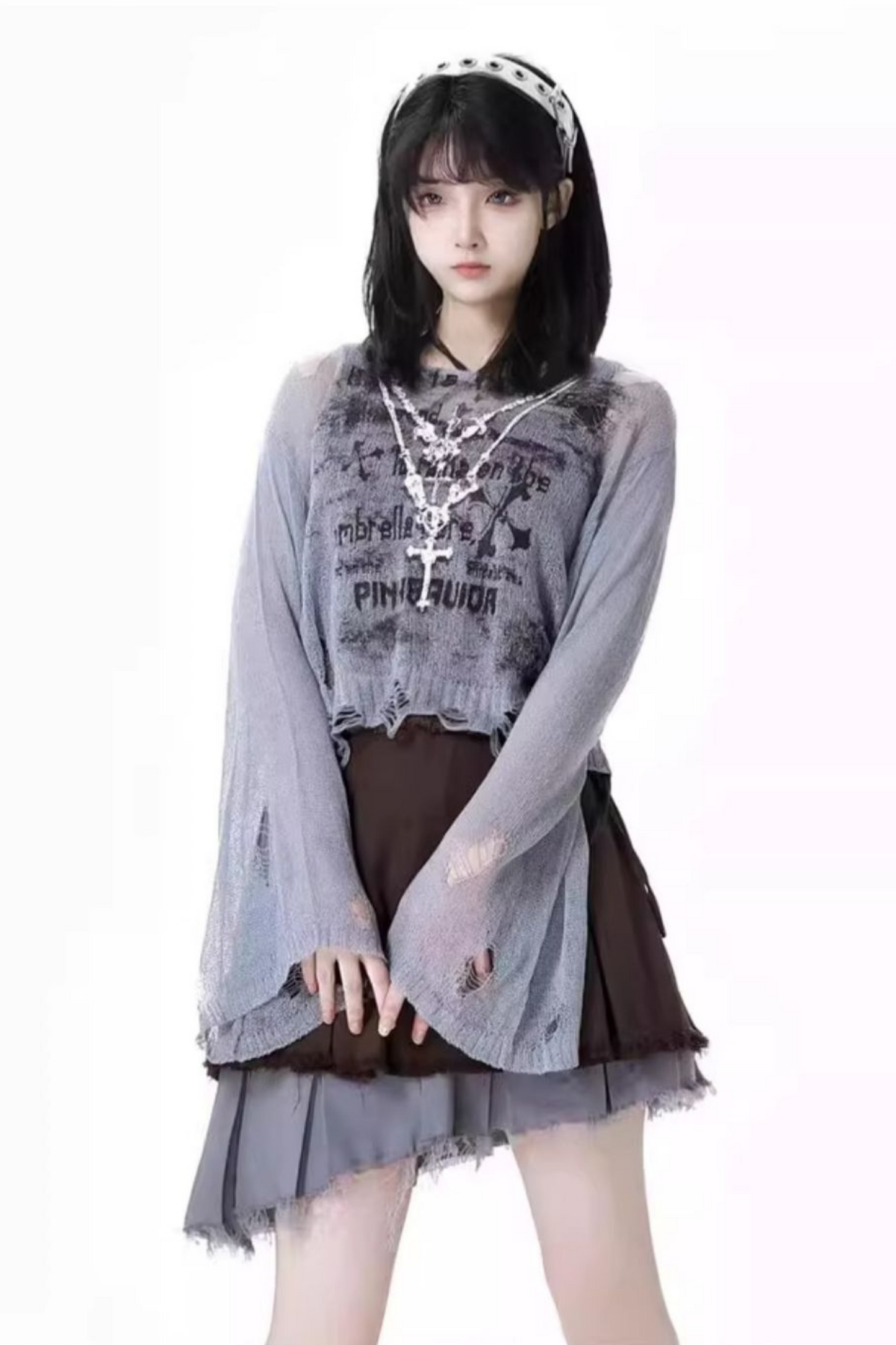 スカート + ブルーのビスチェトップ、ダークチェック、Y2K、アシンメトリー