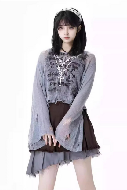 スカート + ブルーのビスチェトップ、ダークチェック、Y2K、アシンメトリー