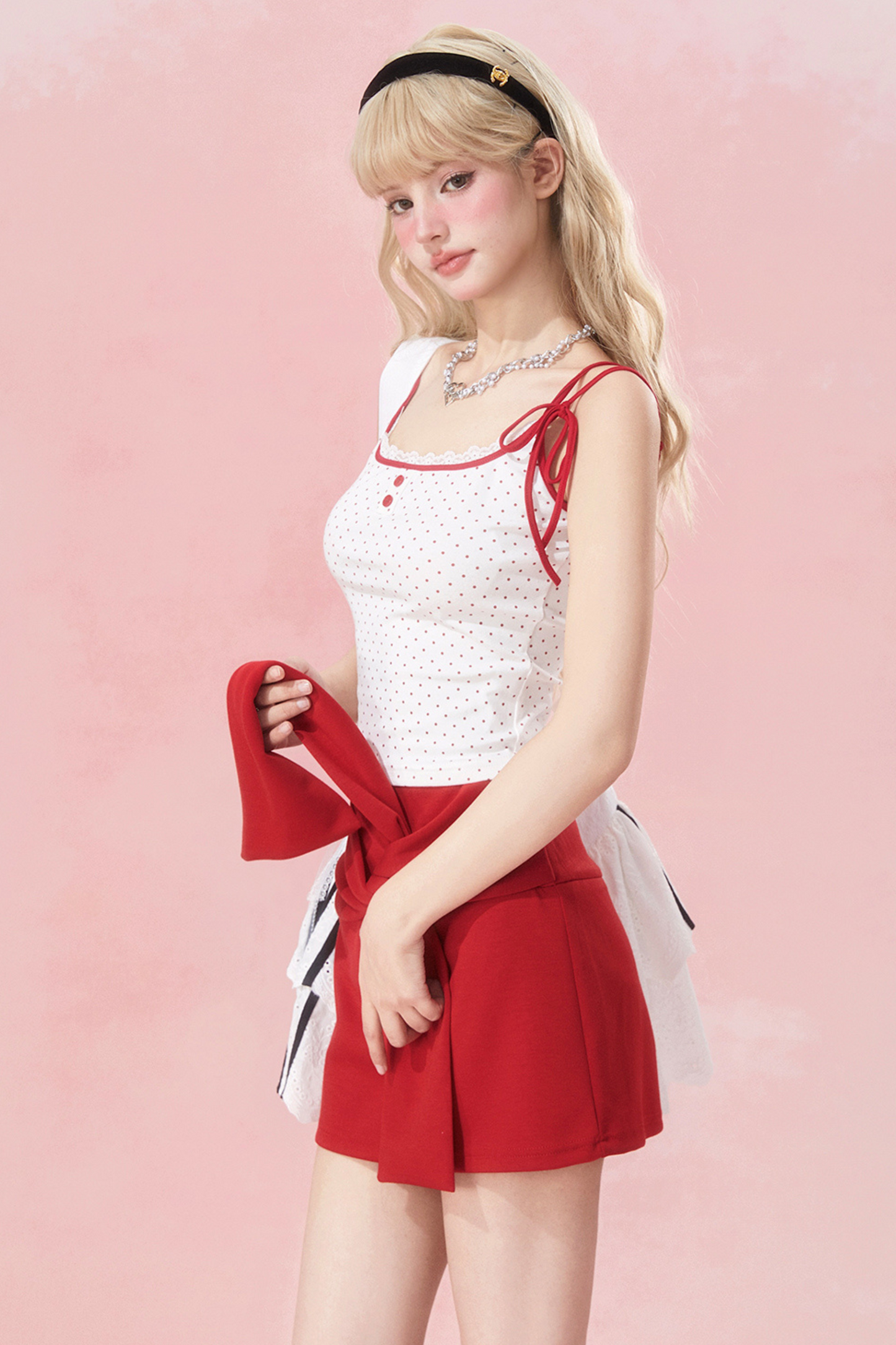 リボンスリムキャミソールドット+スカート