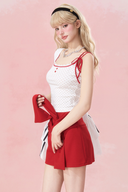 リボンスリムキャミソールドット+スカート