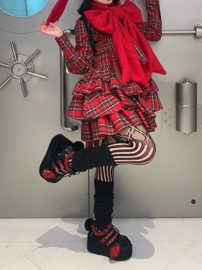 バニーシューズ ダークレッド チェックレッド オールプラットフォーム