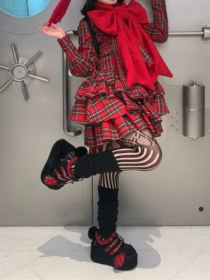 バニーシューズ ダークレッド チェックレッド オールプラットフォーム