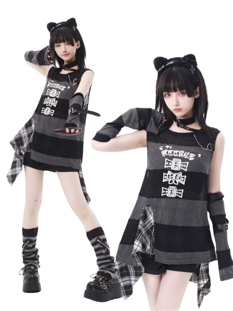 エポックチェックベストカバー + ストライプスカート + ノースリーブ + レッグリズムスリーブ