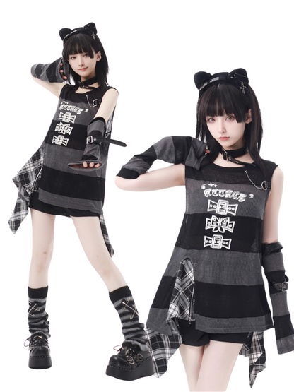 エポックチェックベストカバー + ストライプスカート + ノースリーブ + レッグリズムスリーブ