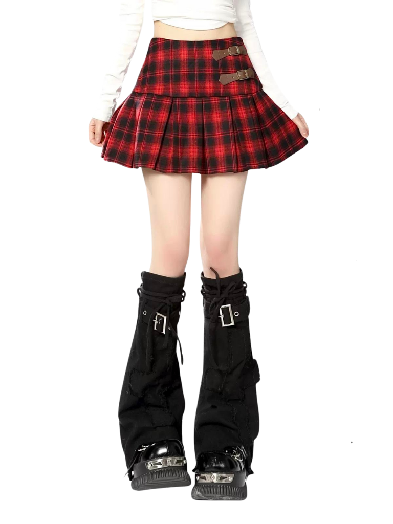 スカート パンク バックル チェック ダークレザー プリーツ