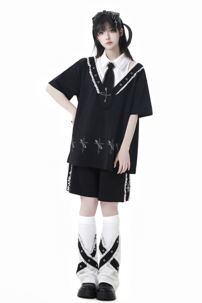 Lockere Hose, Oberteil mit Rüschen, Kapuze + Beinwärmer, Halbkleid Nektor