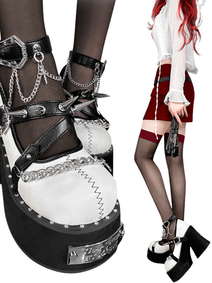 魔女パンクラウンドシューズリベットダークローズプラットフォームトゥ