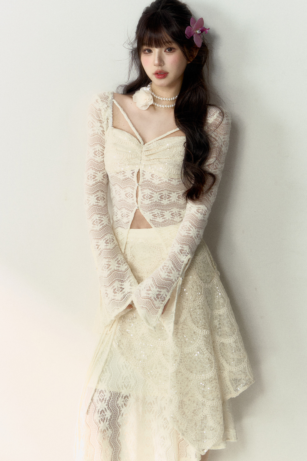 Shiny Top Sheer + French Asymmetrical Skirt Lace