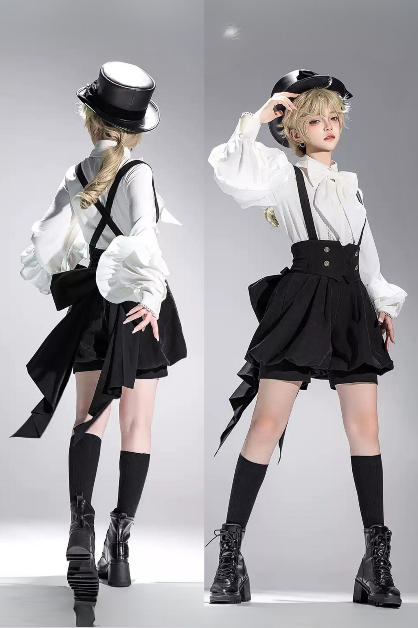 キュート+レトロショートパンツエレガントシャツリボンプリンス予約テールダーク