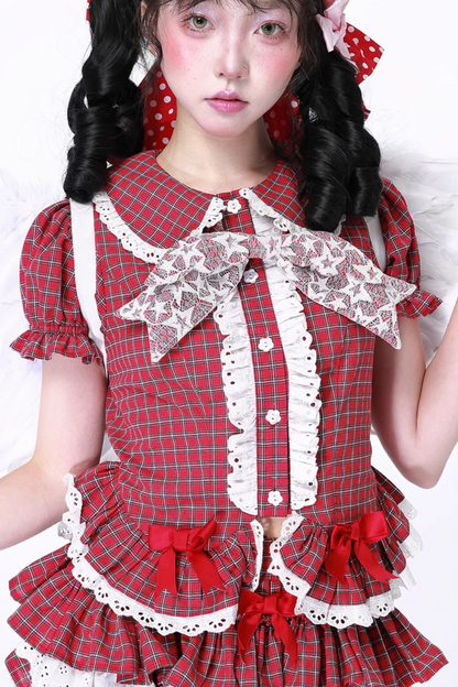 トップススリーブチェックパフレトロ