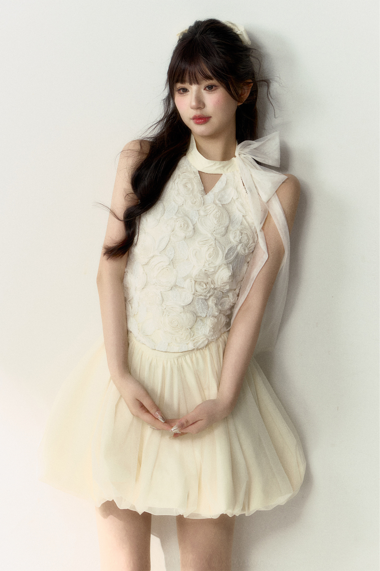 ロング丈＆スイートなノースリーブショートフラワーフレンチスカートバルーントップ