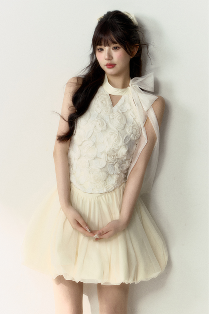 ロング丈＆スイートなノースリーブショートフラワーフレンチスカートバルーントップ