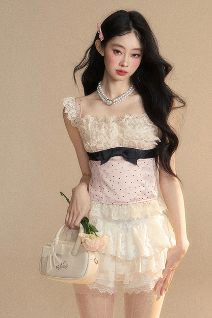 予約 トップス タイト ノースリーブ レース ドット ガーリー