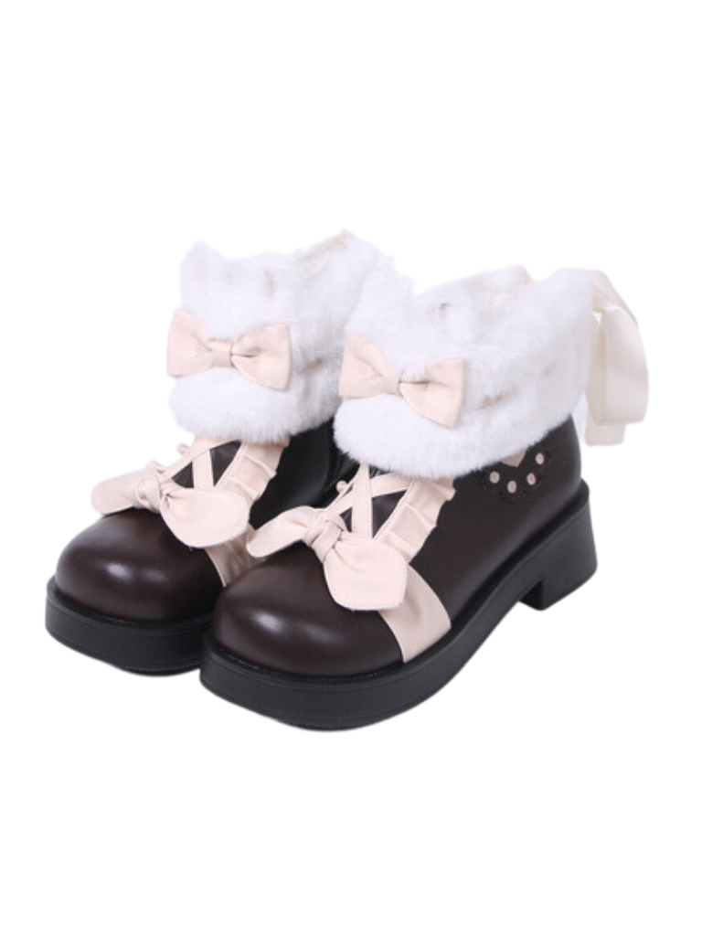 Boots Snow Mid Velvet Color Lolita Block Short Ribbon Heel Sweet