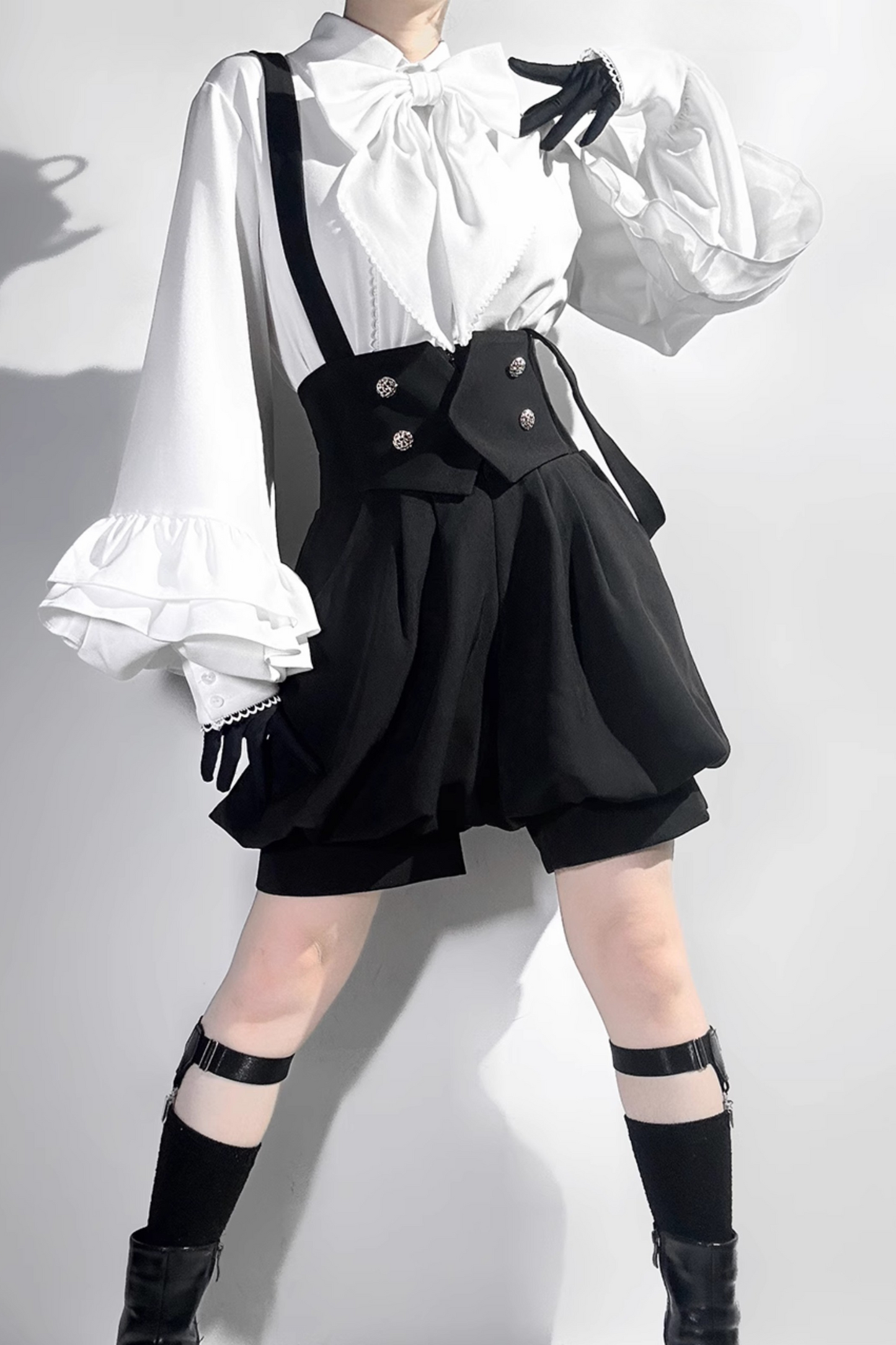 キュート+レトロショートパンツエレガントシャツリボンプリンス予約テールダーク