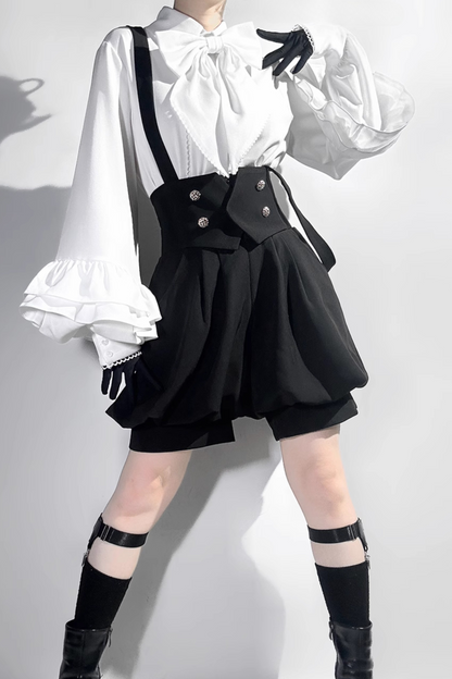 キュート+レトロショートパンツエレガントシャツリボンプリンス予約テールダーク