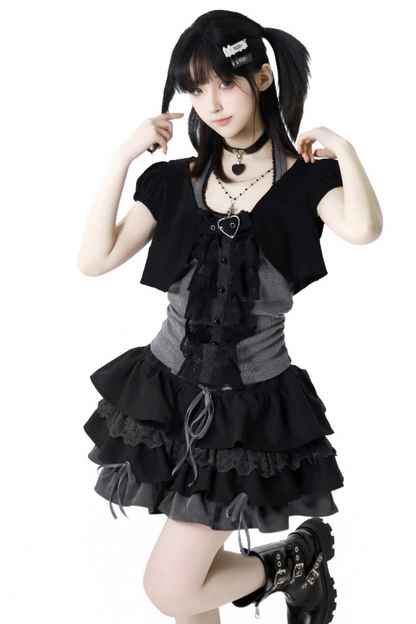 short neck cardigan lace top halter skirt + Vintage