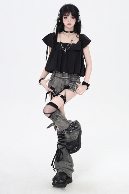 ショートパンツ カラーリボン デニム レースアップ