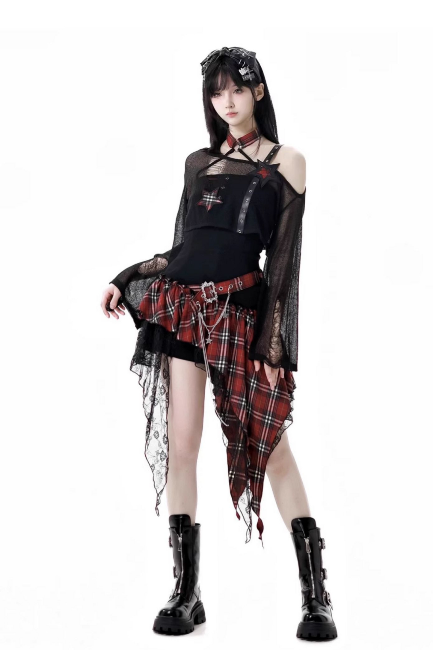 シックなショルダーロックショートワンピース+ショートパンツトップチェック