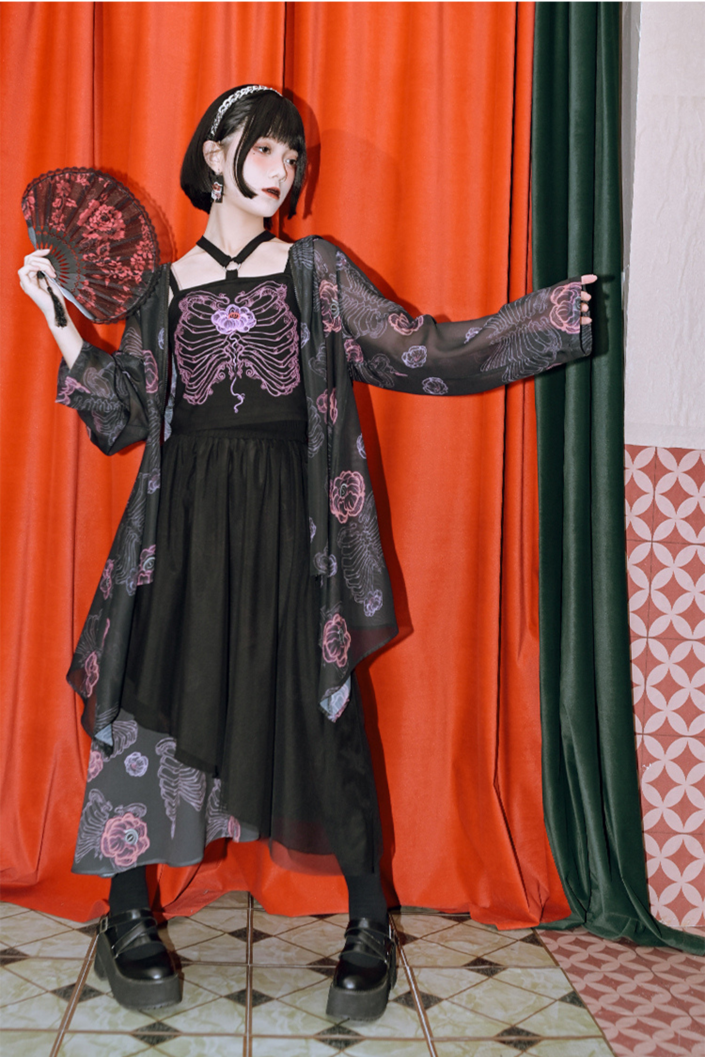 デザインアシンメトリーフローラルメッシュレイヤースカート