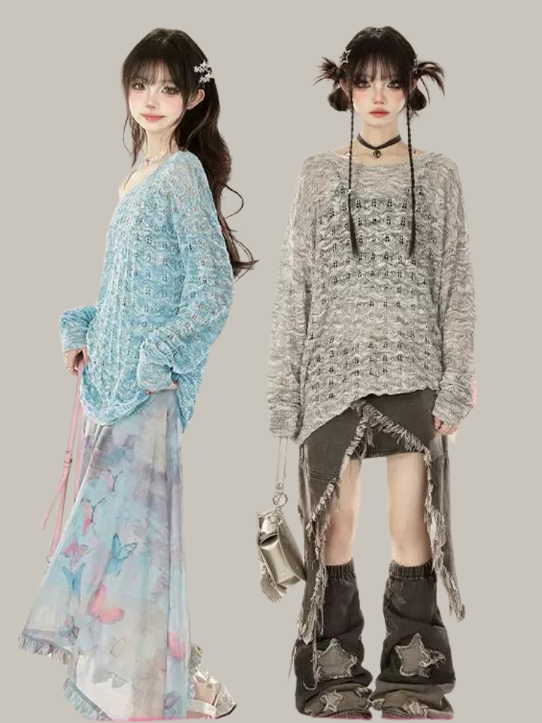 襟付きプルオーバーニット日焼け止めシースルーソールルーズ