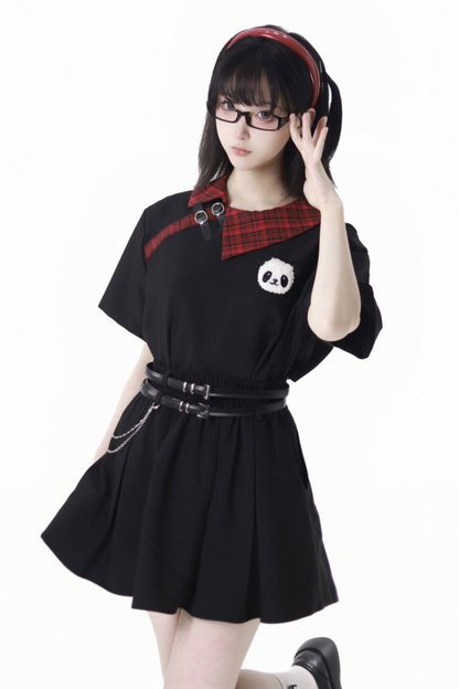 Comic Crop Top Rock Kleid Plissee Love Check Panda +
