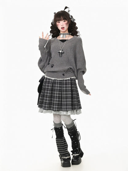 Dark Gray Two-Piece Look Batwing Sleeve Sweater with Kitten Themed Embroidery - Languid Park