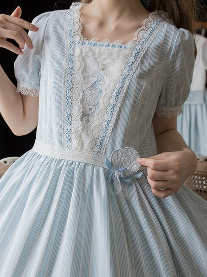 Blue Striped Lace OP with Bow Tie - Liz Bird