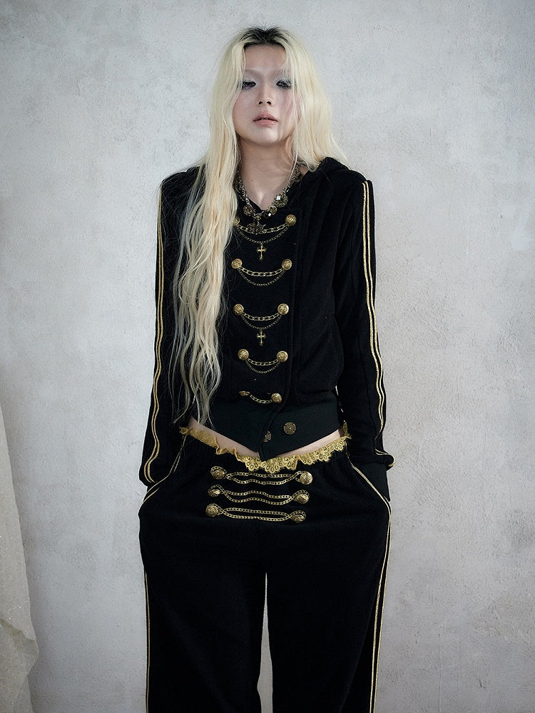 Black & Gold Double-Breasted Hooded Jacket with Chain Embroidery Details, Punk Fashion - NO ROMANCE