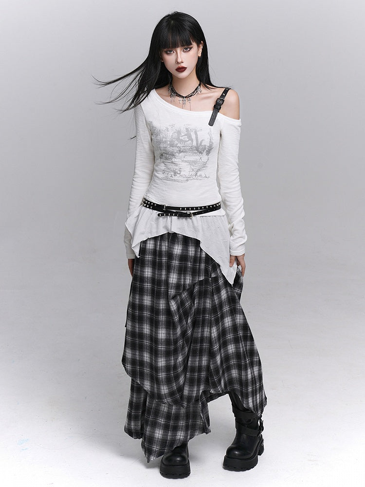 White Gothic Top Graffiti Neck with Asymmetrical Hem