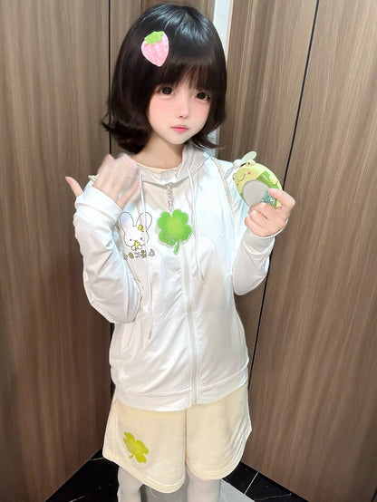 White Bunny Print Sun Protection Hoodie Four with Leaf Clover Jacket Charm